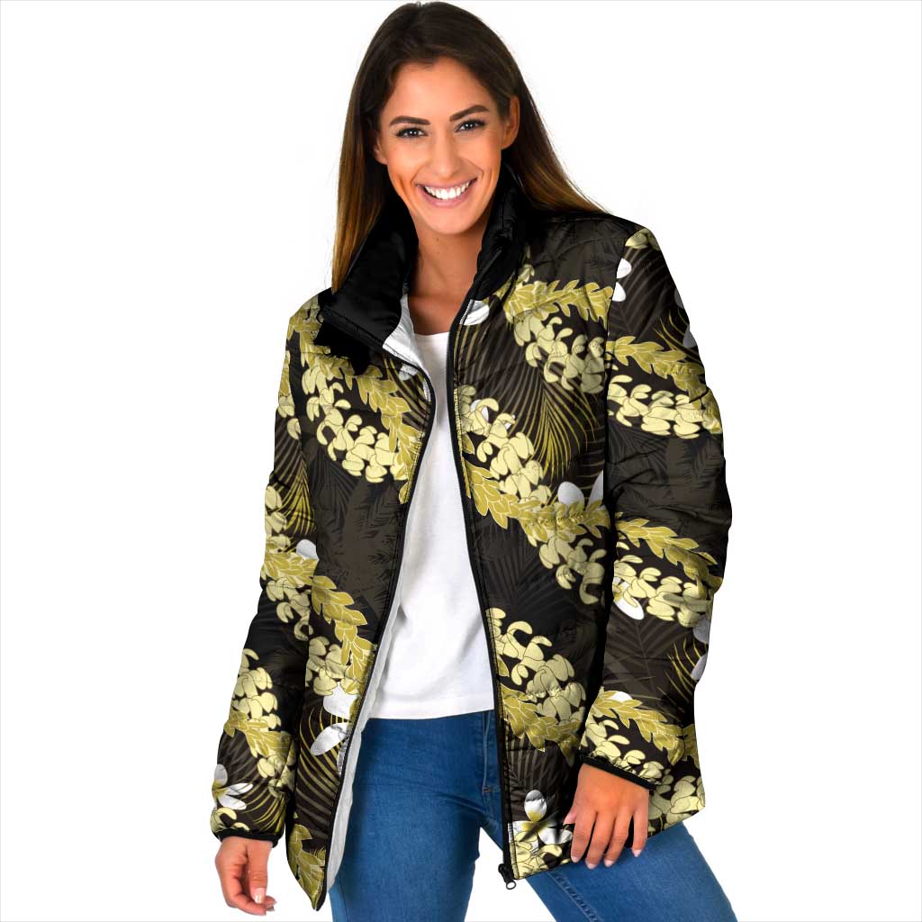 Puakenikeni Maile Lei Padded Jacket Frangipani Yellow Tropical Leaves