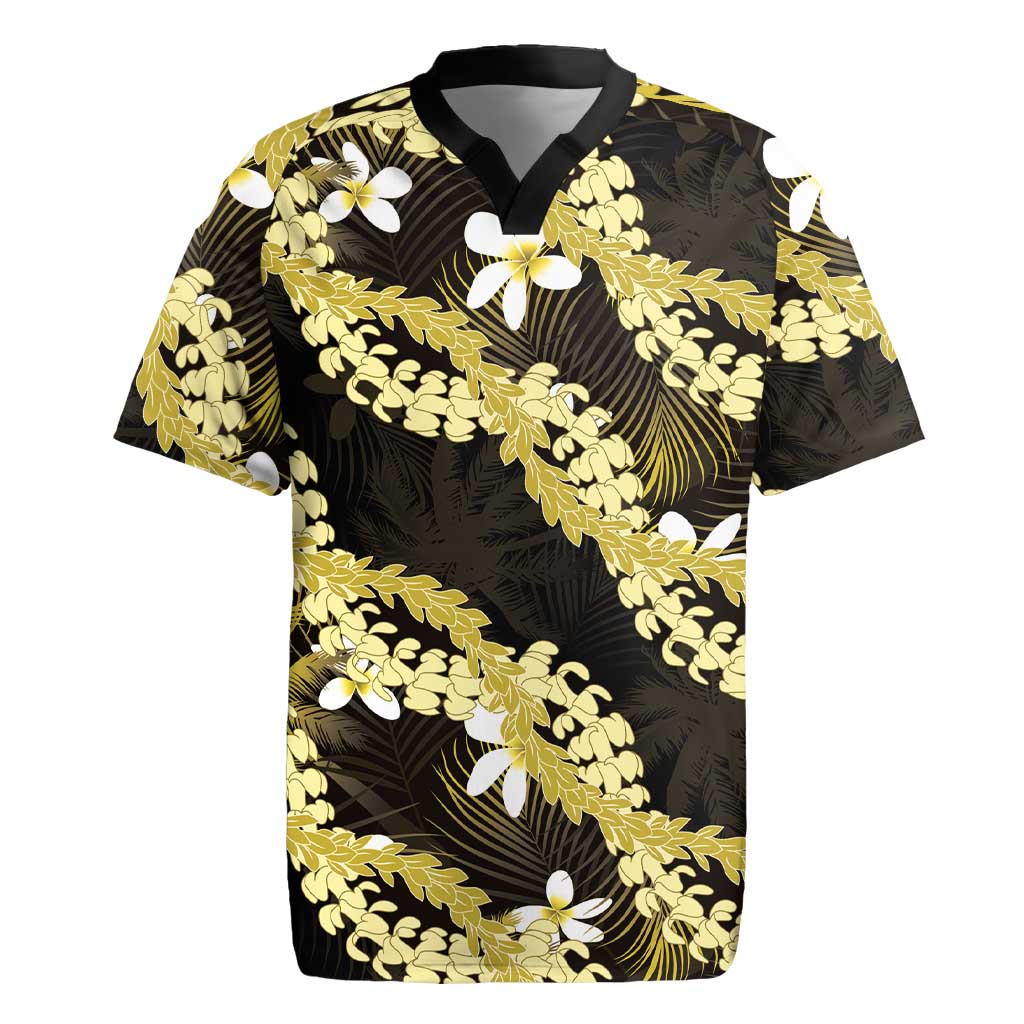 Puakenikeni Maile Lei Rugby Jersey Frangipani Yellow Tropical Leaves