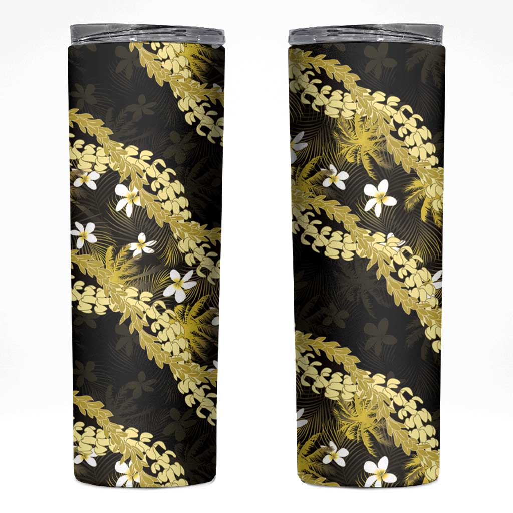 Puakenikeni Maile Lei Skinny Tumbler Frangipani Yellow Tropical Leaves