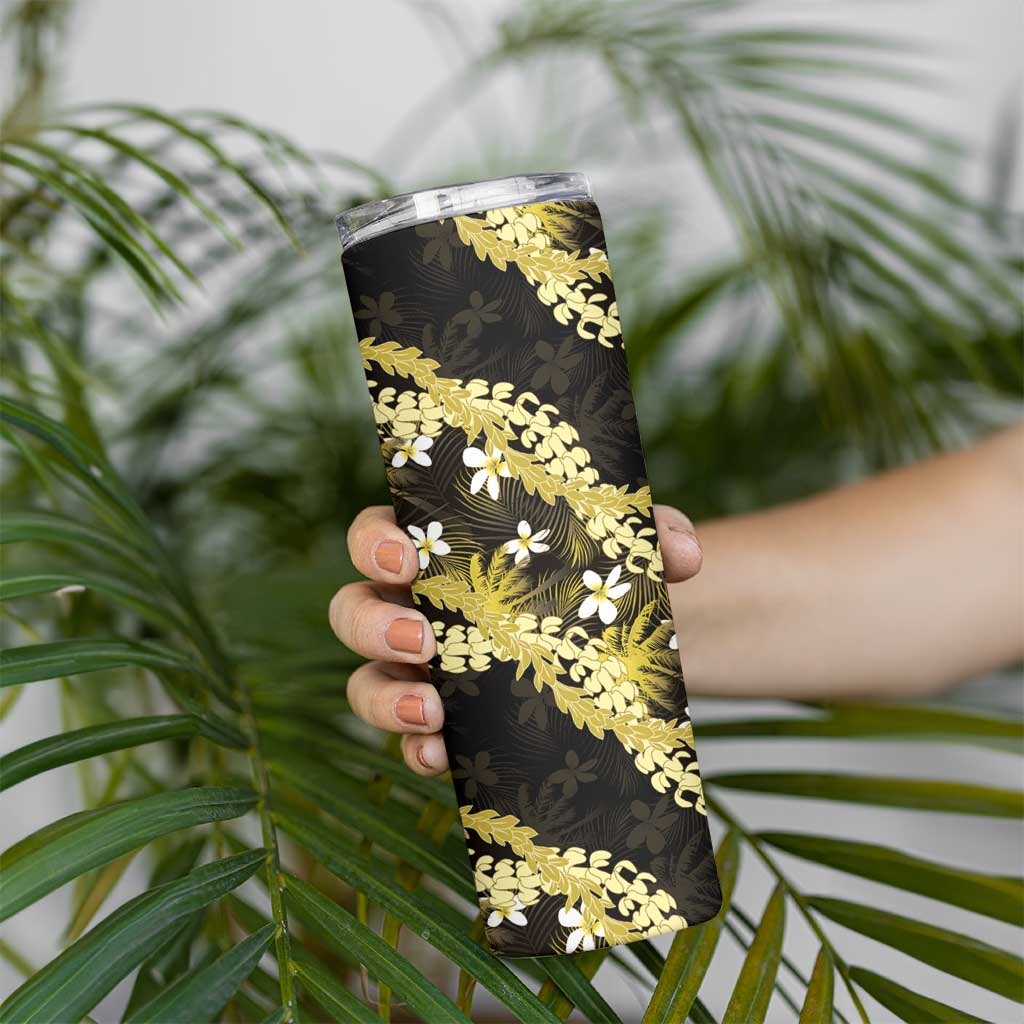 Puakenikeni Maile Lei Skinny Tumbler Frangipani Yellow Tropical Leaves