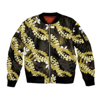 Puakenikeni Maile Lei Sleeve Zip Bomber Jacket Frangipani Yellow Tropical Leaves