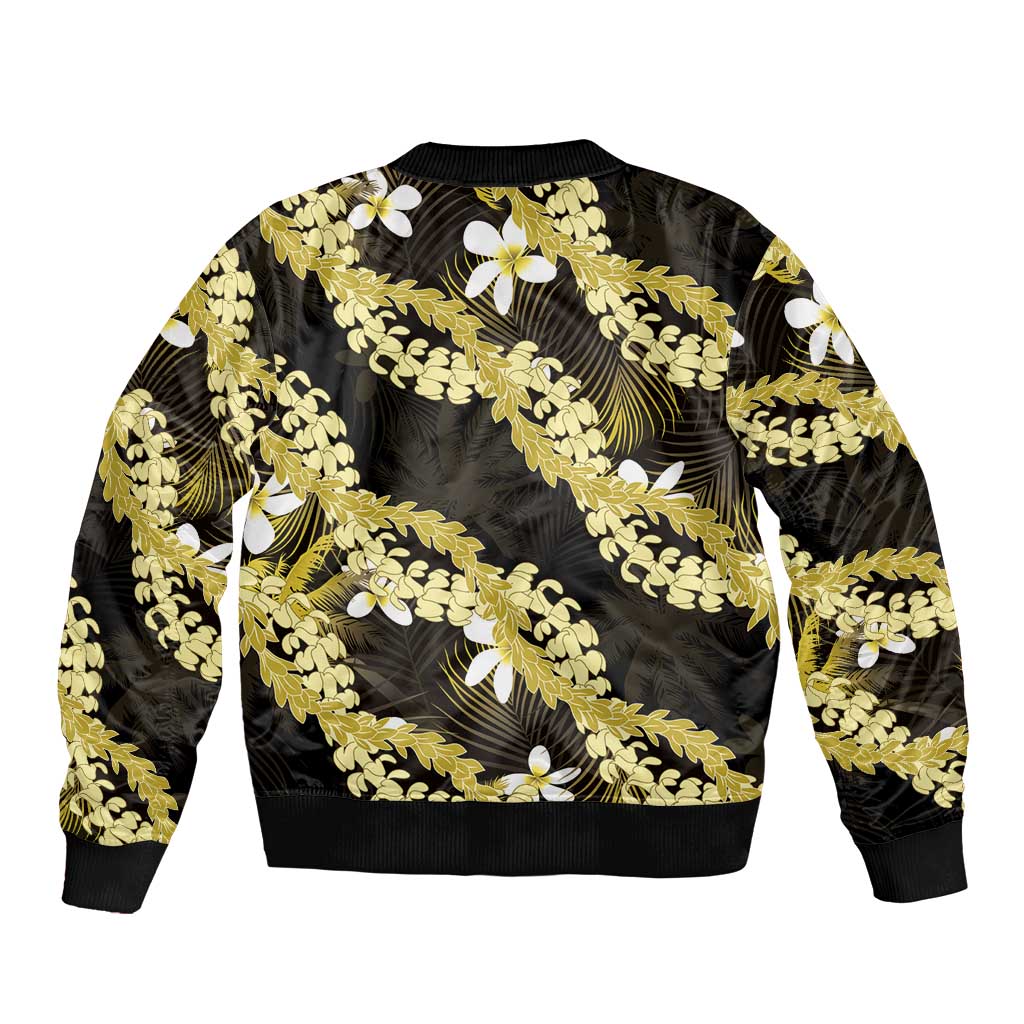 Puakenikeni Maile Lei Sleeve Zip Bomber Jacket Frangipani Yellow Tropical Leaves