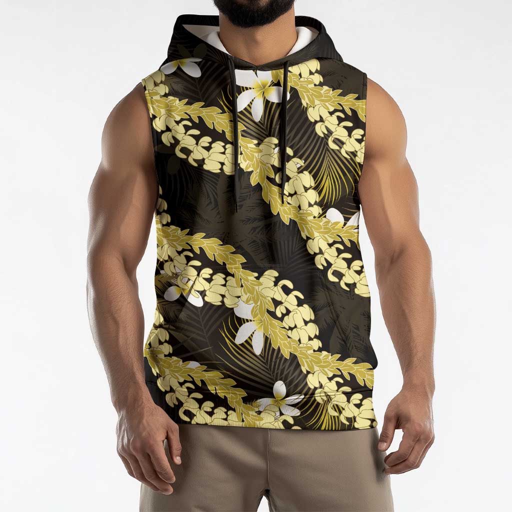 Puakenikeni Maile Lei Sleeveless Hoodie Frangipani Yellow Tropical Leaves