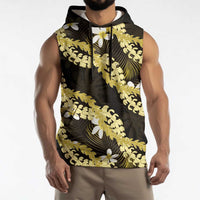 Puakenikeni Maile Lei Sleeveless Hoodie Frangipani Yellow Tropical Leaves