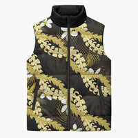 Puakenikeni Maile Lei Sleeveless Puffer Jacket Frangipani Yellow Tropical Leaves