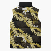 Puakenikeni Maile Lei Sleeveless Puffer Jacket Frangipani Yellow Tropical Leaves