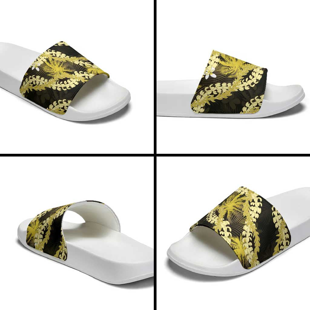 Puakenikeni Maile Lei Slide Sandals Frangipani Yellow Tropical Leaves