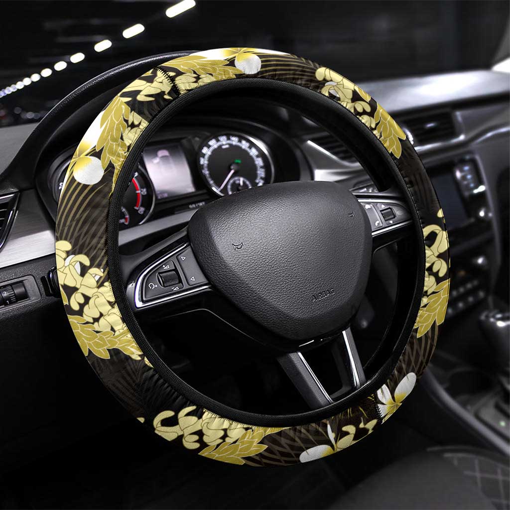 Puakenikeni Maile Lei Steering Wheel Cover Frangipani Yellow Tropical Leaves