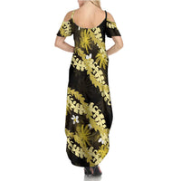 Puakenikeni Maile Lei Summer Maxi Dress Frangipani Yellow Tropical Leaves