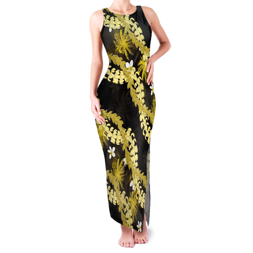 Puakenikeni Maile Lei Tank Maxi Dress Frangipani Yellow Tropical Leaves LT01 Women Yellow - Polynesian Pride