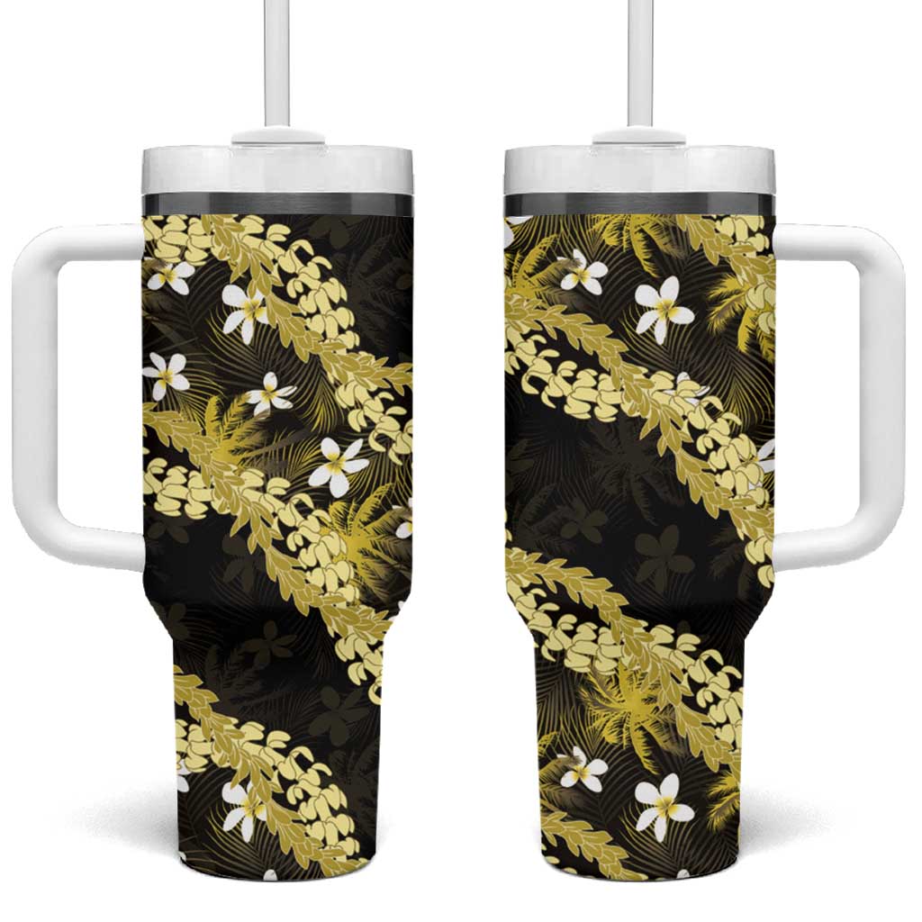 Puakenikeni Maile Lei Tumbler With Handle Frangipani Yellow Tropical Leaves