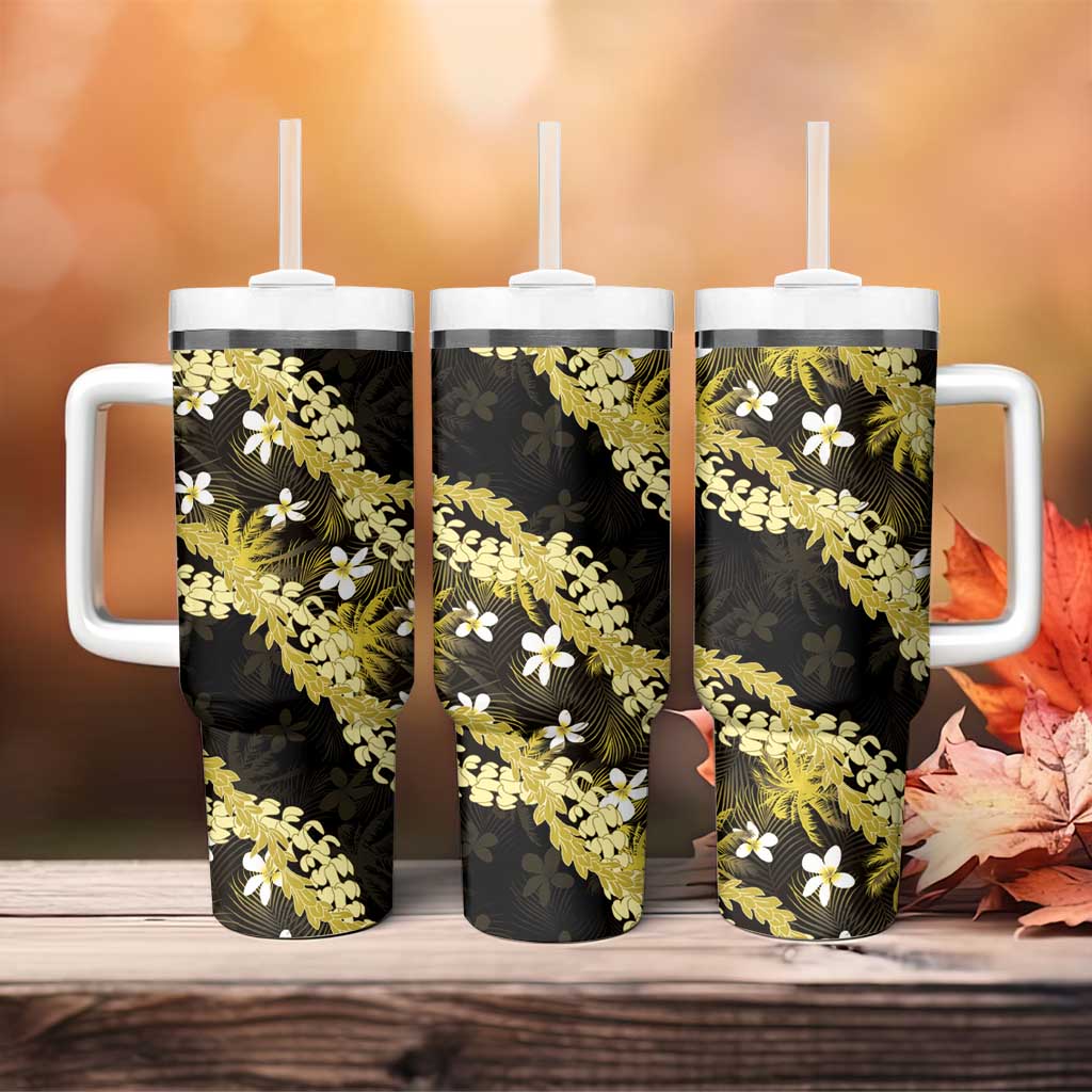 Puakenikeni Maile Lei Tumbler With Handle Frangipani Yellow Tropical Leaves