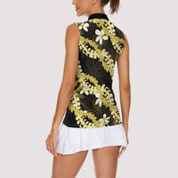 Puakenikeni Maile Lei Women Sleeveless Polo Shirt Frangipani Yellow Tropical Leaves LT01 - Polynesian Pride