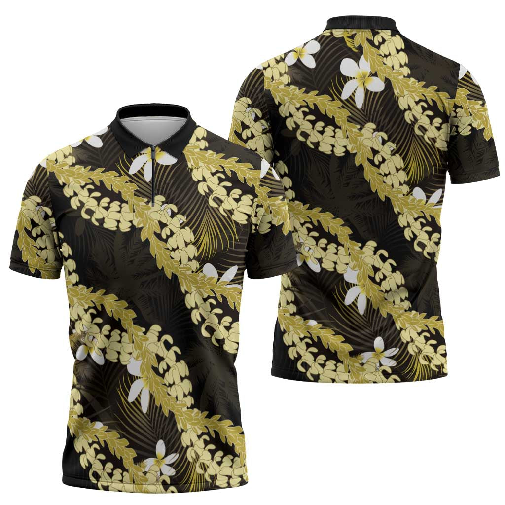 Puakenikeni Maile Lei Zipper Polo Shirt Frangipani Yellow Tropical Leaves