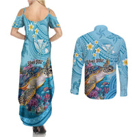 Personalized Hawaii Sea Turtle Couples Matching Summer Maxi Dress and Long Sleeve Button Shirt Hawaii Map Ocean Vibes