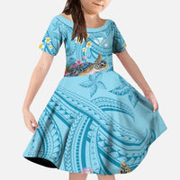 Personalized Hawaii Sea Turtle Family Matching Off The Shoulder Long Sleeve Dress and Hawaiian Shirt Hawaii Map Ocean Vibes LT01 Daughter's Dress Blue - Polynesian Pride