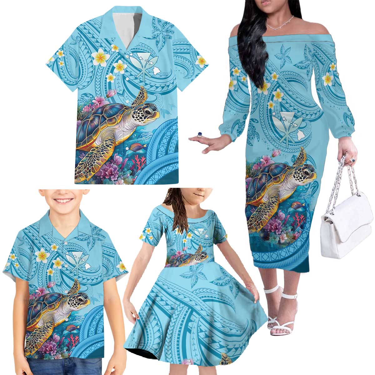 Personalized Hawaii Sea Turtle Family Matching Off The Shoulder Long Sleeve Dress and Hawaiian Shirt Hawaii Map Ocean Vibes LT01 - Polynesian Pride