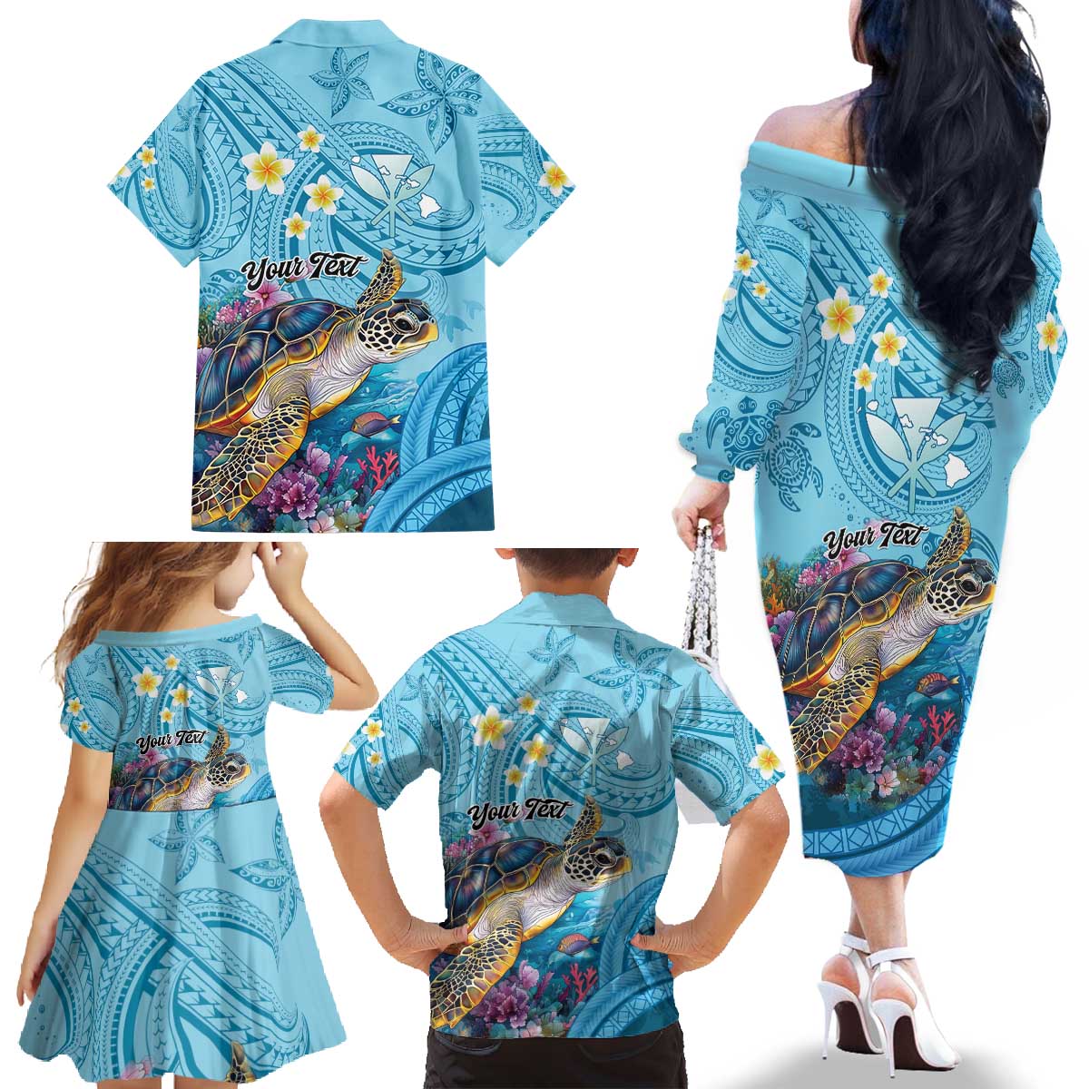 Personalized Hawaii Sea Turtle Family Matching Off The Shoulder Long Sleeve Dress and Hawaiian Shirt Hawaii Map Ocean Vibes LT01 - Polynesian Pride