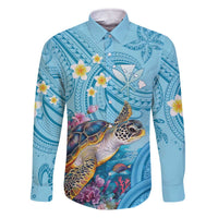 Personalized Hawaii Sea Turtle Family Matching Off The Shoulder Long Sleeve Dress and Hawaiian Shirt Hawaii Map Ocean Vibes LT01 Dad's Shirt - Long Sleeve Blue - Polynesian Pride