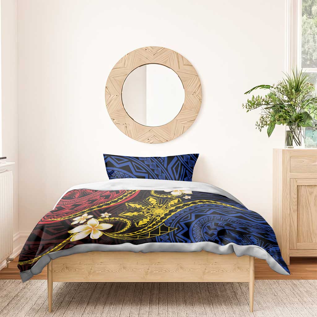 Philippines Spirit Tribal Sun Plumeria Bedding Set Red And Blue Polynesian Pattern