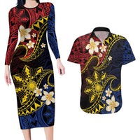 Philippines Spirit Tribal Sun Plumeria Couples Matching Long Sleeve Bodycon Dress and Hawaiian Shirt Red And Blue Polynesian Pattern LT01 Black - Polynesian Pride