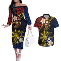 Philippines Spirit Tribal Sun Plumeria Couples Matching Off The Shoulder Long Sleeve Dress and Hawaiian Shirt Red And Blue Polynesian Pattern LT01 Black - Polynesian Pride