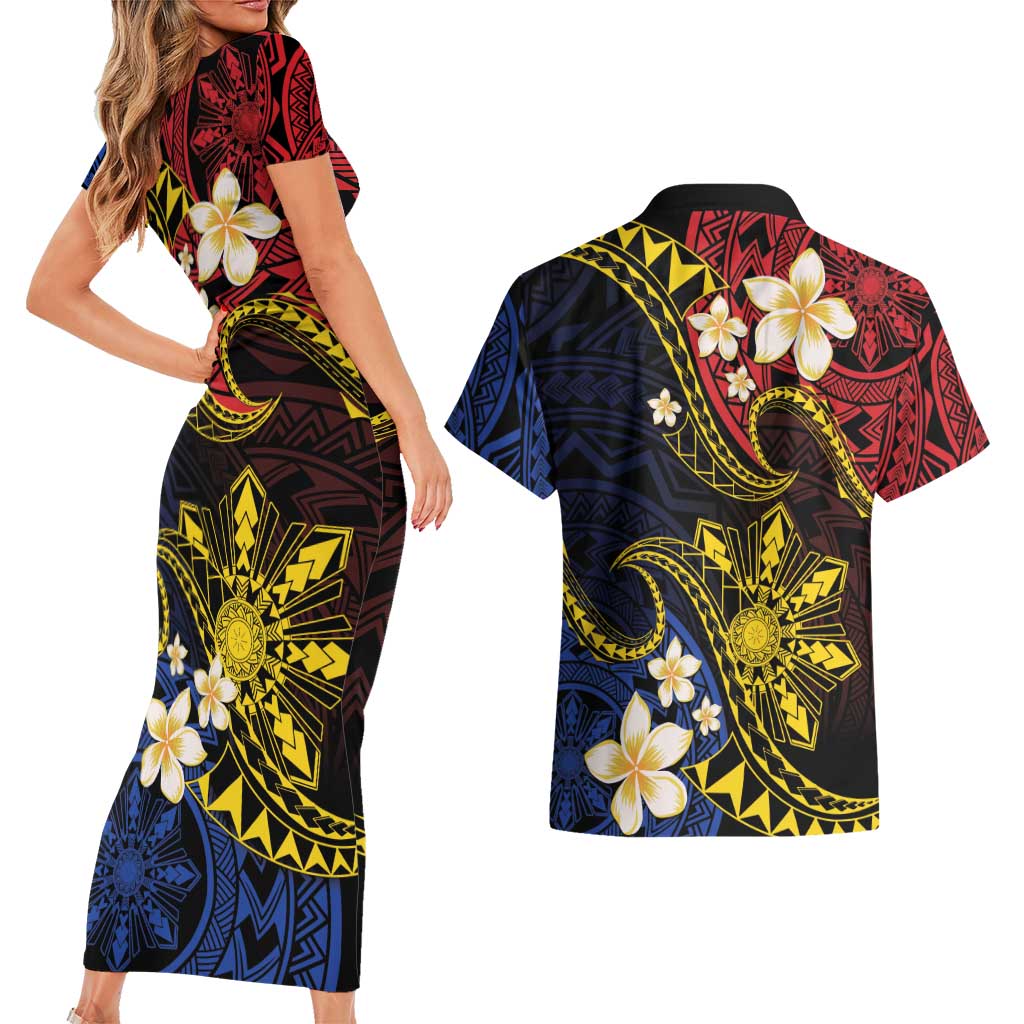 Philippines Spirit Tribal Sun Plumeria Couples Matching Short Sleeve Bodycon Dress and Hawaiian Shirt Red And Blue Polynesian Pattern LT01 - Polynesian Pride