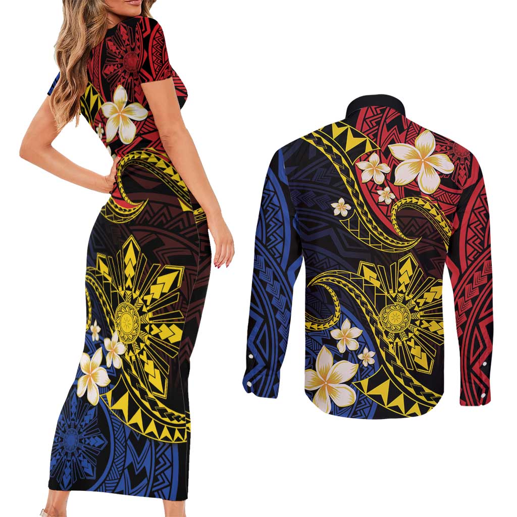 Philippines Spirit Tribal Sun Plumeria Couples Matching Short Sleeve Bodycon Dress and Long Sleeve Button Shirt Red And Blue Polynesian Pattern