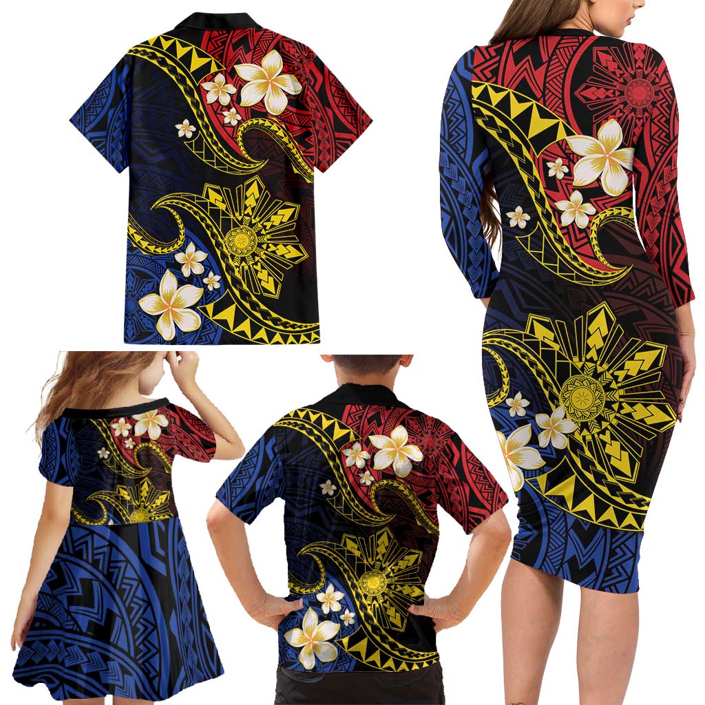 Philippines Spirit Tribal Sun Plumeria Family Matching Long Sleeve Bodycon Dress and Hawaiian Shirt Red And Blue Polynesian Pattern LT01 - Polynesian Pride