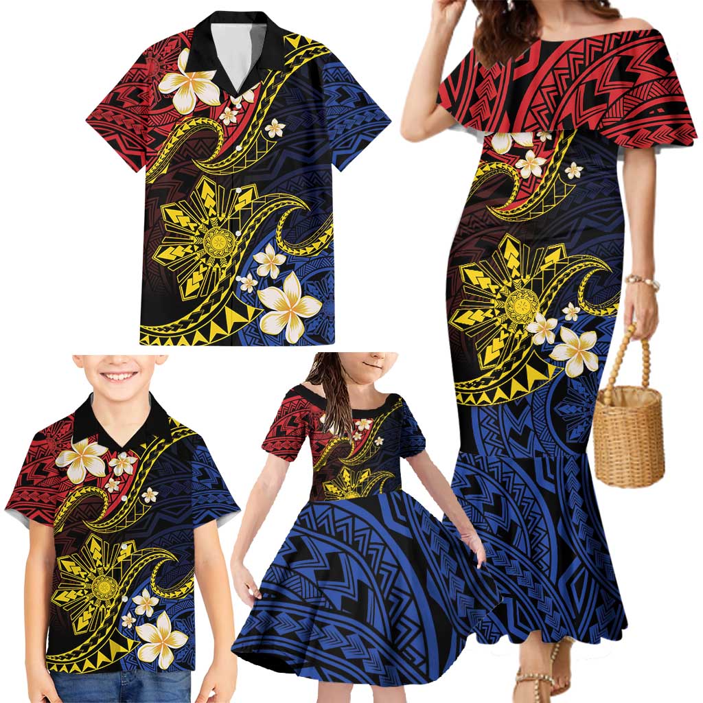Philippines Spirit Tribal Sun Plumeria Family Matching Mermaid Dress and Hawaiian Shirt Red And Blue Polynesian Pattern LT01 - Polynesian Pride
