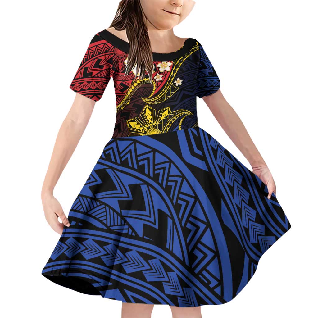 Philippines Spirit Tribal Sun Plumeria Family Matching Off Shoulder Short Dress and Hawaiian Shirt Red And Blue Polynesian Pattern LT01 Daughter's Dress Black - Polynesian Pride