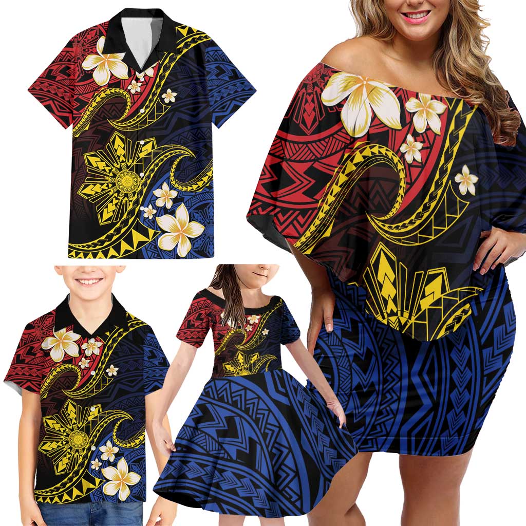 Philippines Spirit Tribal Sun Plumeria Family Matching Off Shoulder Short Dress and Hawaiian Shirt Red And Blue Polynesian Pattern LT01 - Polynesian Pride