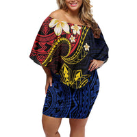 Philippines Spirit Tribal Sun Plumeria Family Matching Off Shoulder Short Dress and Hawaiian Shirt Red And Blue Polynesian Pattern LT01 Mom's Dress Black - Polynesian Pride