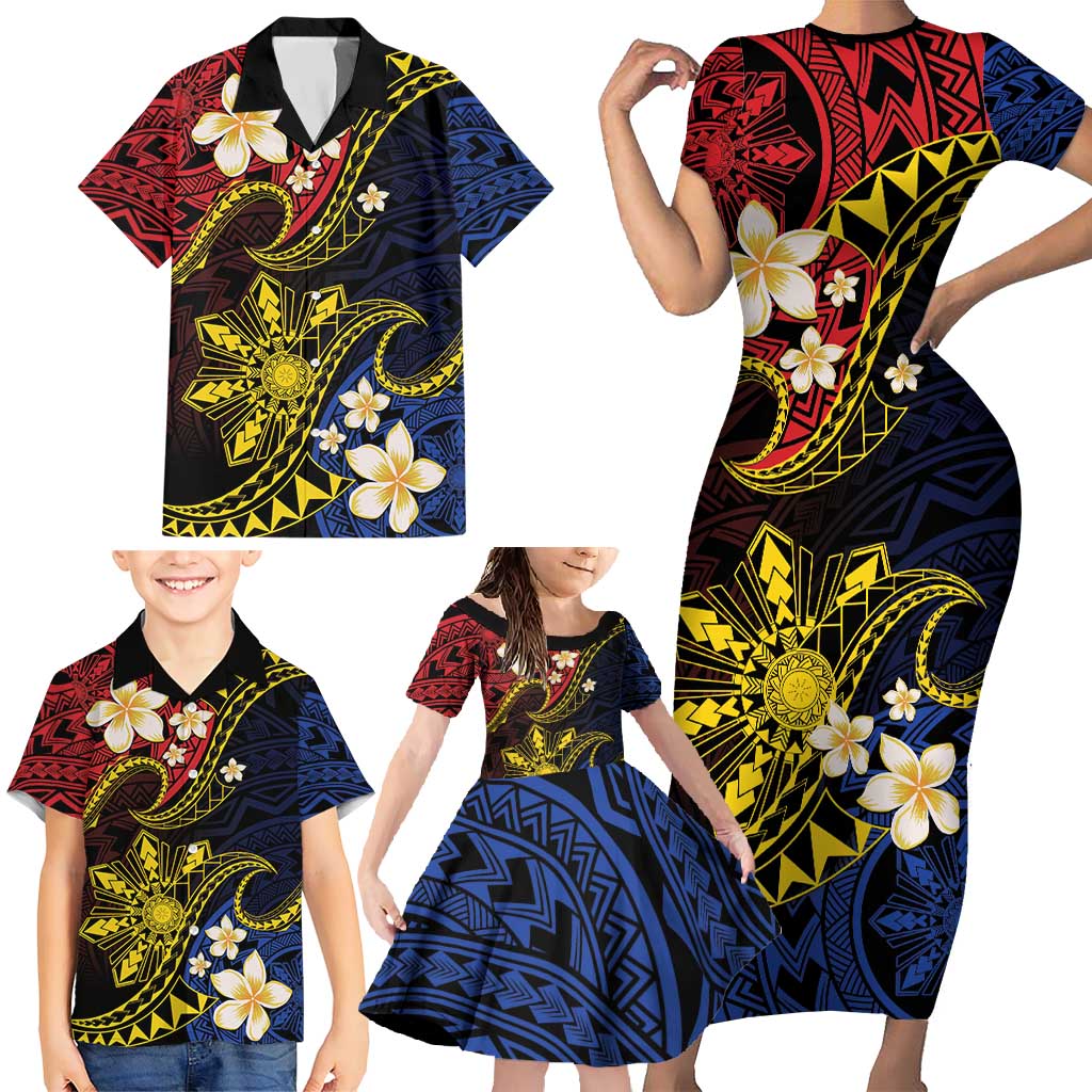Philippines Spirit Tribal Sun Plumeria Family Matching Short Sleeve Bodycon Dress and Hawaiian Shirt Red And Blue Polynesian Pattern LT01 - Polynesian Pride