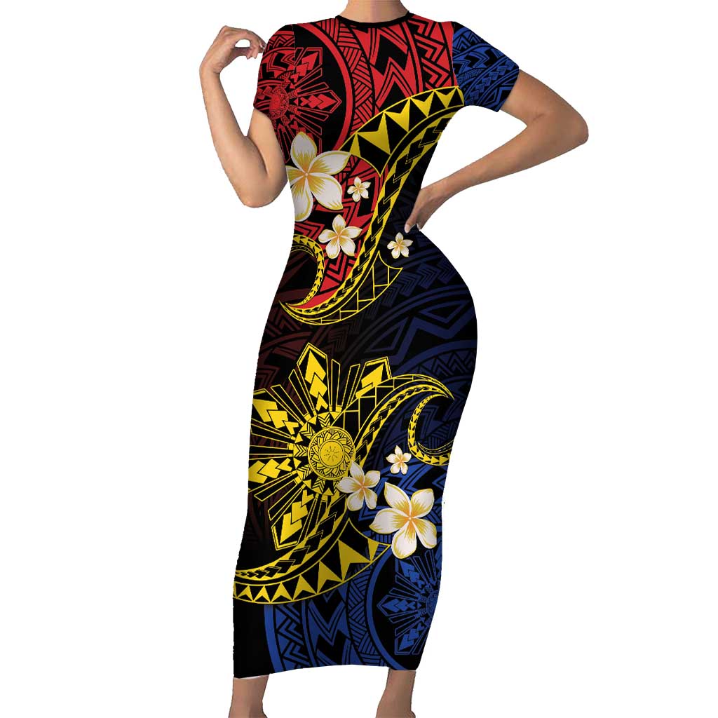 Philippines Spirit Tribal Sun Plumeria Family Matching Short Sleeve Bodycon Dress and Hawaiian Shirt Red And Blue Polynesian Pattern LT01 Mom's Dress Black - Polynesian Pride