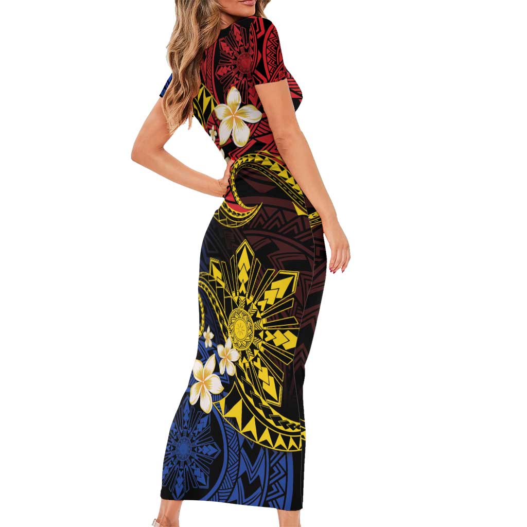 Philippines Spirit Tribal Sun Plumeria Family Matching Short Sleeve Bodycon Dress and Hawaiian Shirt Red And Blue Polynesian Pattern LT01 - Polynesian Pride