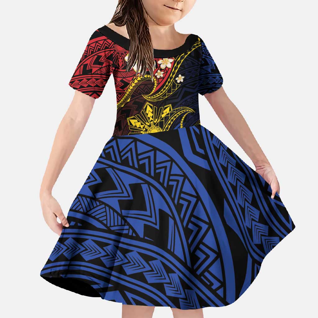 Philippines Spirit Tribal Sun Plumeria Family Matching Summer Maxi Dress and Hawaiian Shirt Red And Blue Polynesian Pattern LT01 Daughter's Dress Black - Polynesian Pride
