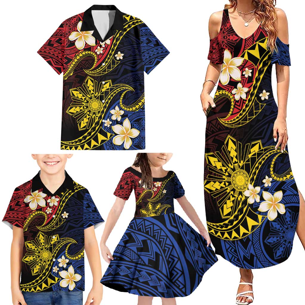 Philippines Spirit Tribal Sun Plumeria Family Matching Summer Maxi Dress and Hawaiian Shirt Red And Blue Polynesian Pattern LT01 - Polynesian Pride