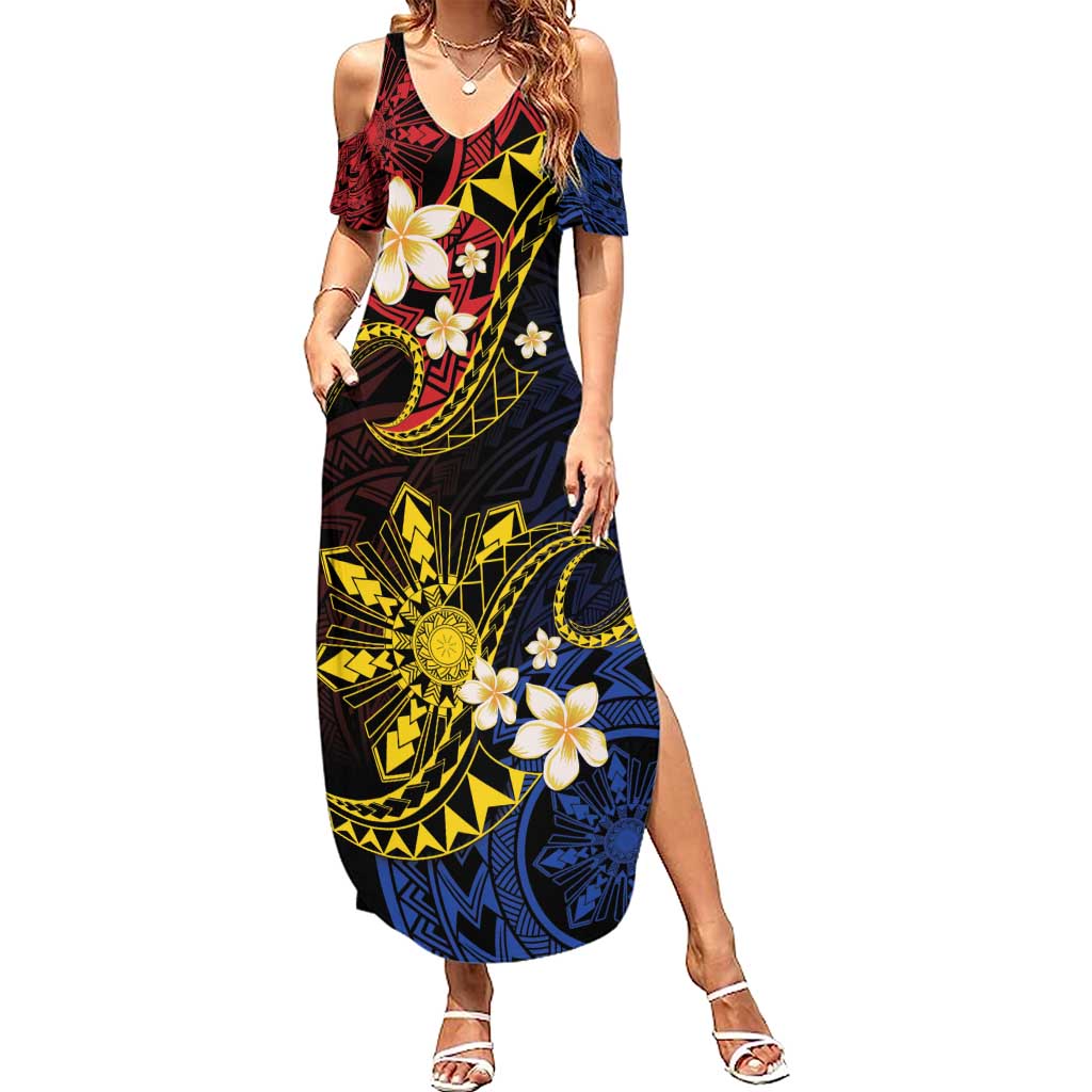 Philippines Spirit Tribal Sun Plumeria Family Matching Summer Maxi Dress and Hawaiian Shirt Red And Blue Polynesian Pattern LT01 Mom's Dress Black - Polynesian Pride