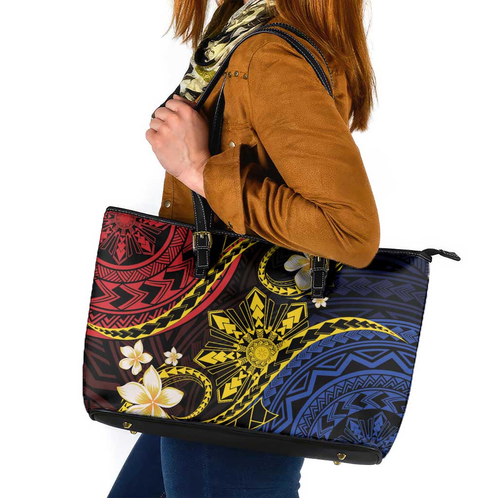 Philippines Spirit Tribal Sun Plumeria Leather Tote Bag Red And Blue Polynesian Pattern