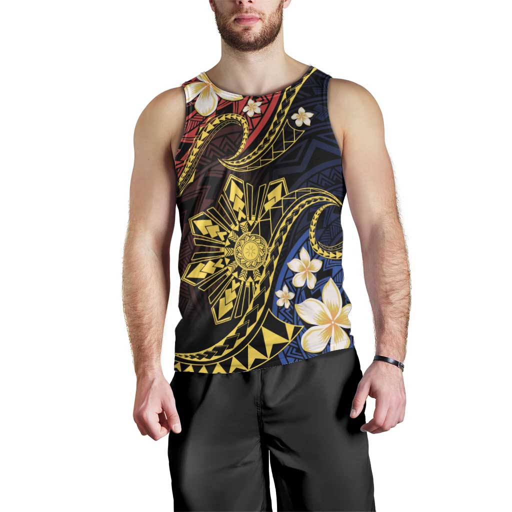 Philippines Spirit Tribal Sun Plumeria Men Tank Top Red And Blue Polynesian Pattern