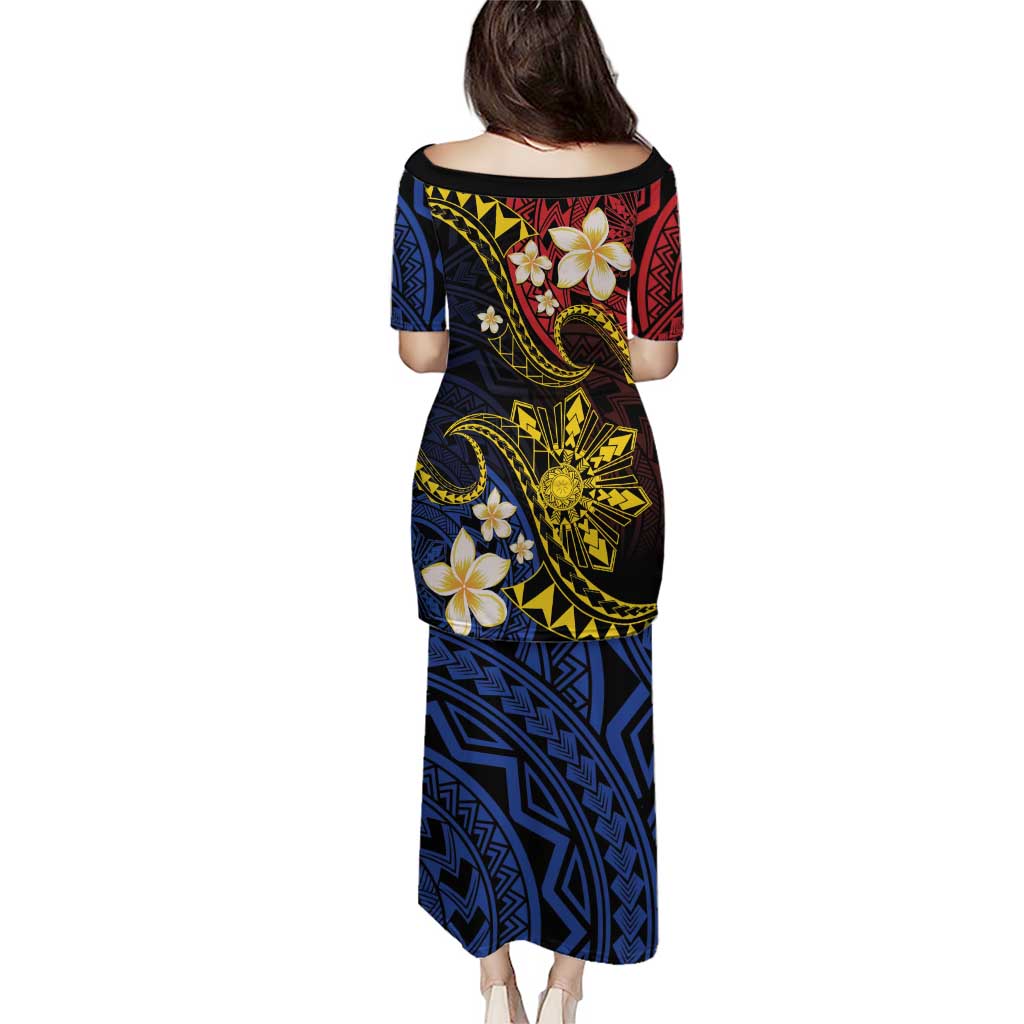 Philippines Spirit Tribal Sun Plumeria Puletasi Red And Blue Polynesian Pattern