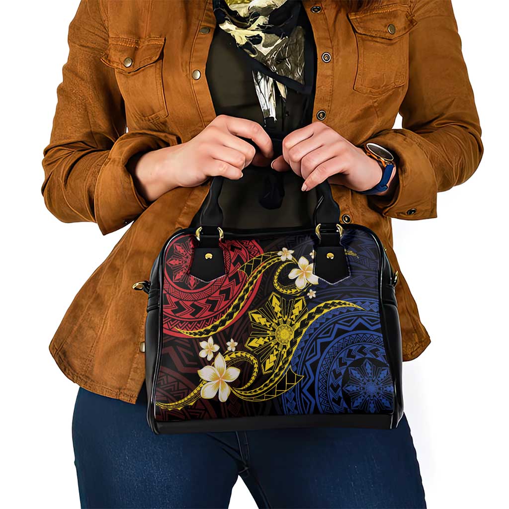 Philippines Spirit Tribal Sun Plumeria Shoulder Handbag Red And Blue Polynesian Pattern