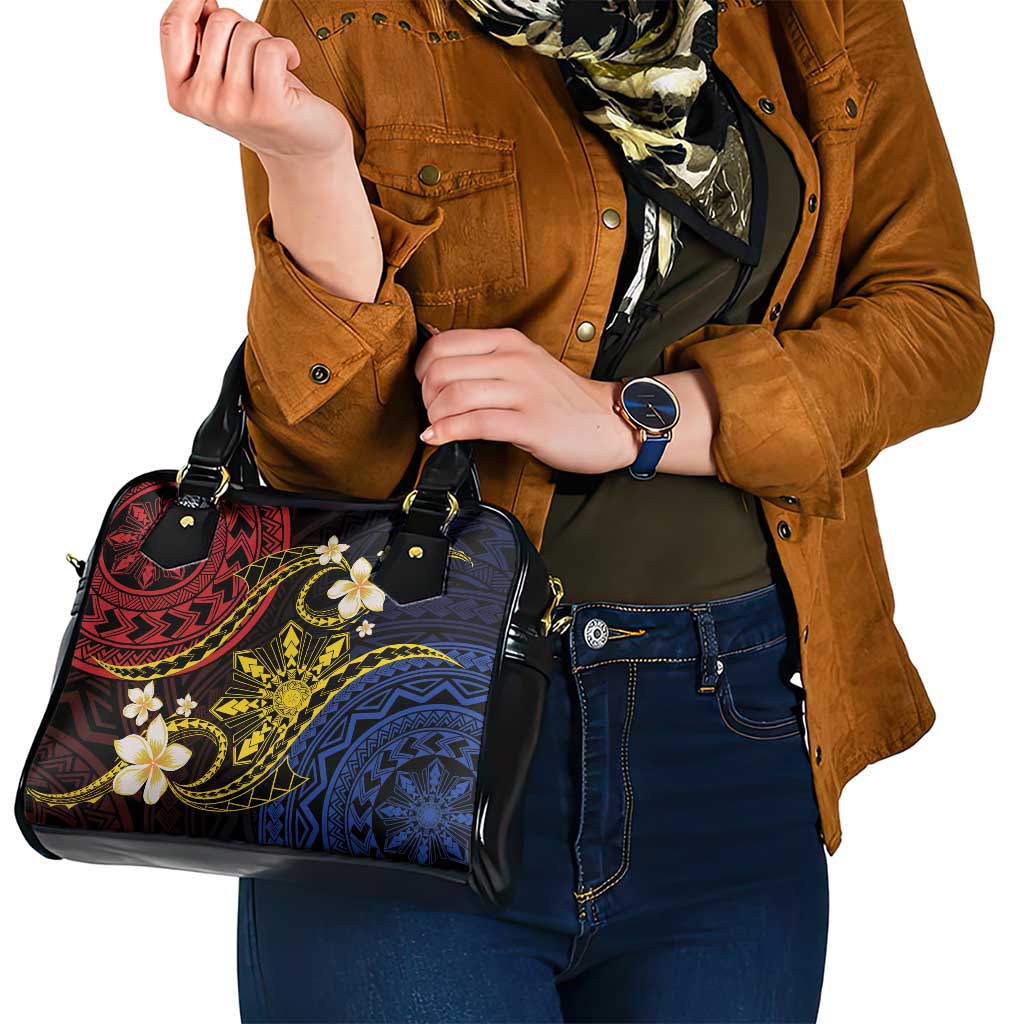 Philippines Spirit Tribal Sun Plumeria Shoulder Handbag Red And Blue Polynesian Pattern