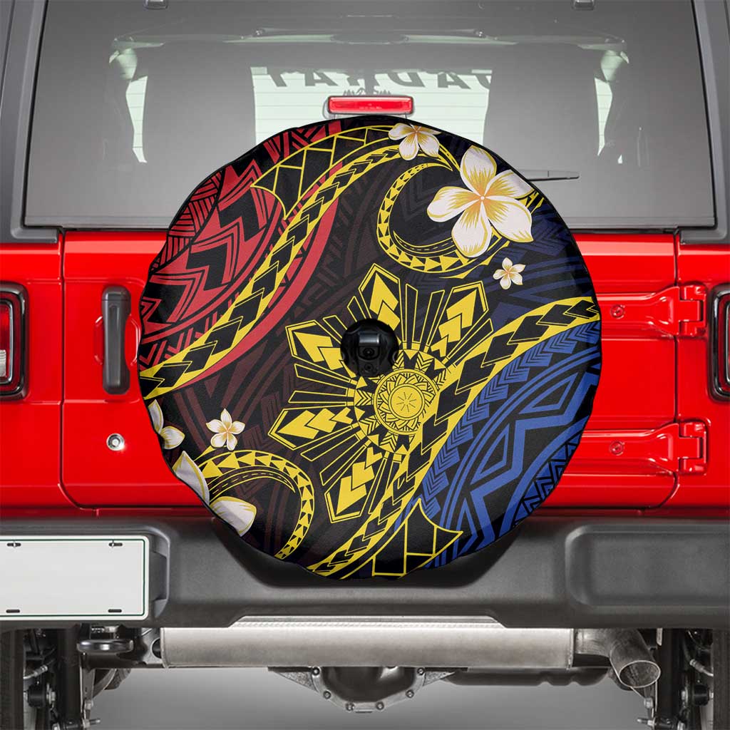 Philippines Spirit Tribal Sun Plumeria Spare Tire Cover Red And Blue Polynesian Pattern