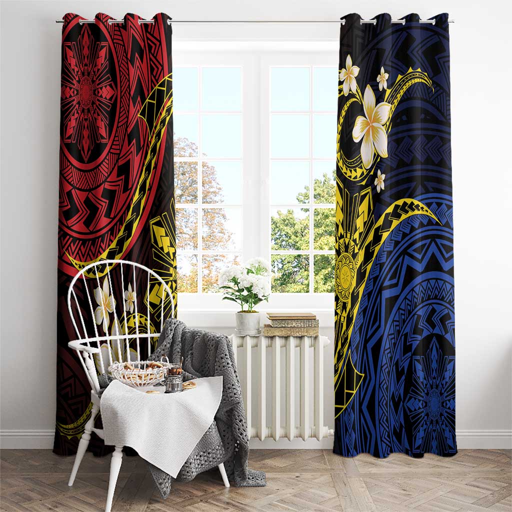 Philippines Spirit Tribal Sun Plumeria Window Curtain Red And Blue Polynesian Pattern