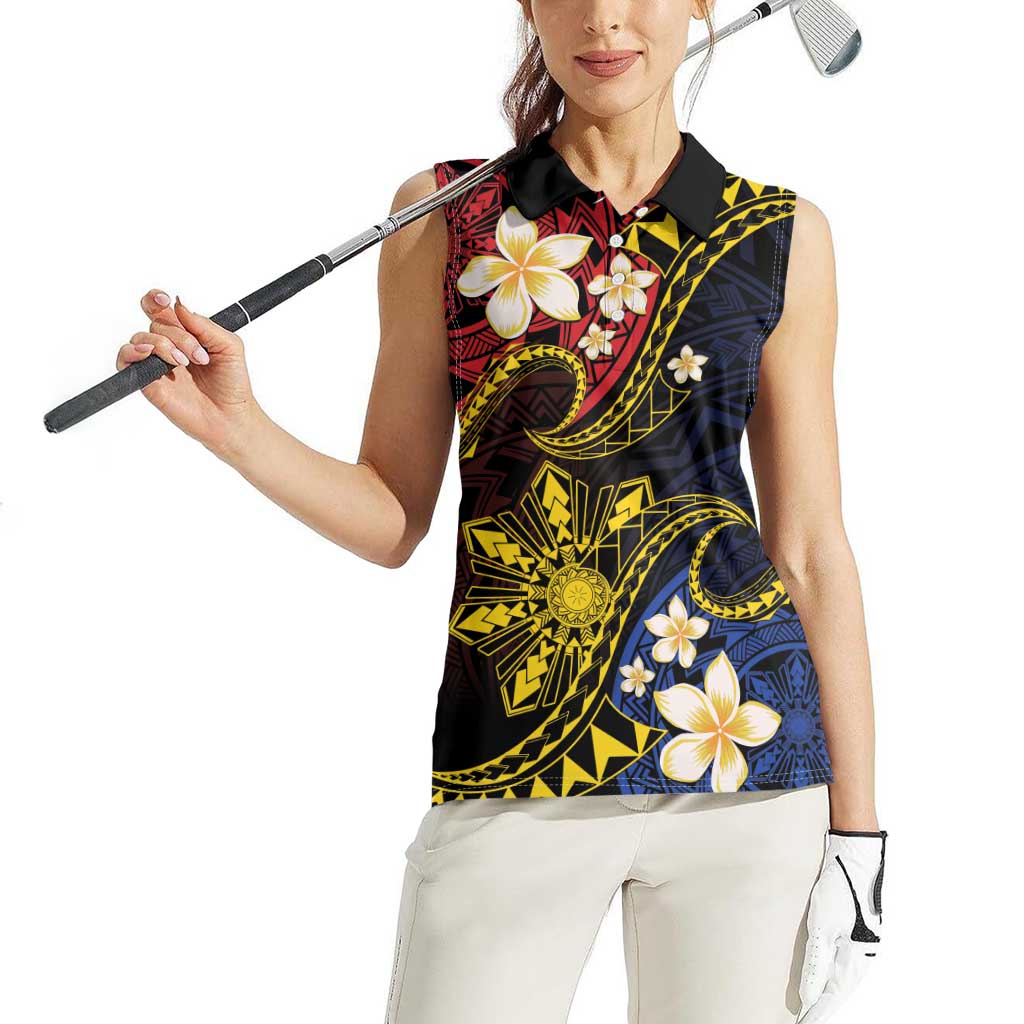 Philippines Spirit Tribal Sun Plumeria Women Sleeveless Polo Shirt Red And Blue Polynesian Pattern