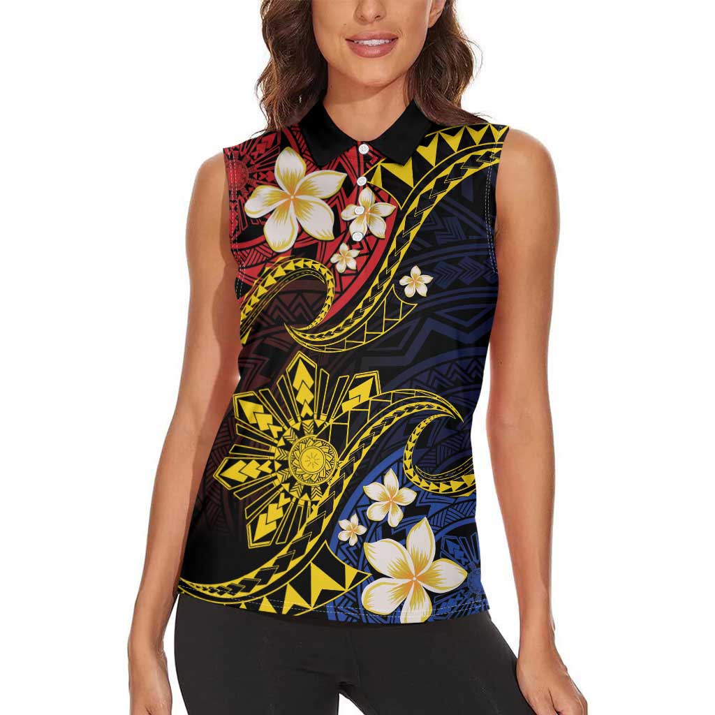 Philippines Spirit Tribal Sun Plumeria Women Sleeveless Polo Shirt Red And Blue Polynesian Pattern