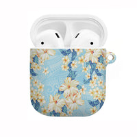 Hawaii Hibiscus Plumeria Blue AirPods Case Polynesian Pattern