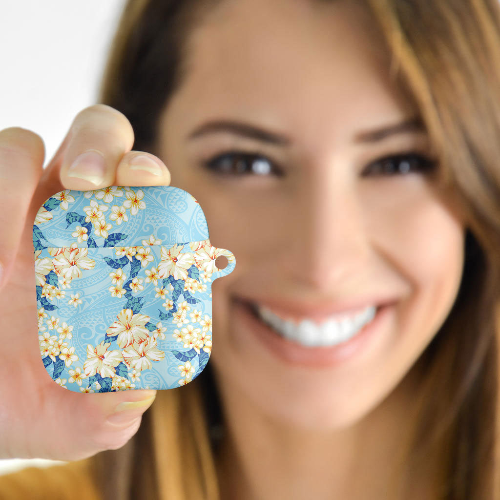 Hawaii Hibiscus Plumeria Blue AirPods Case Polynesian Pattern